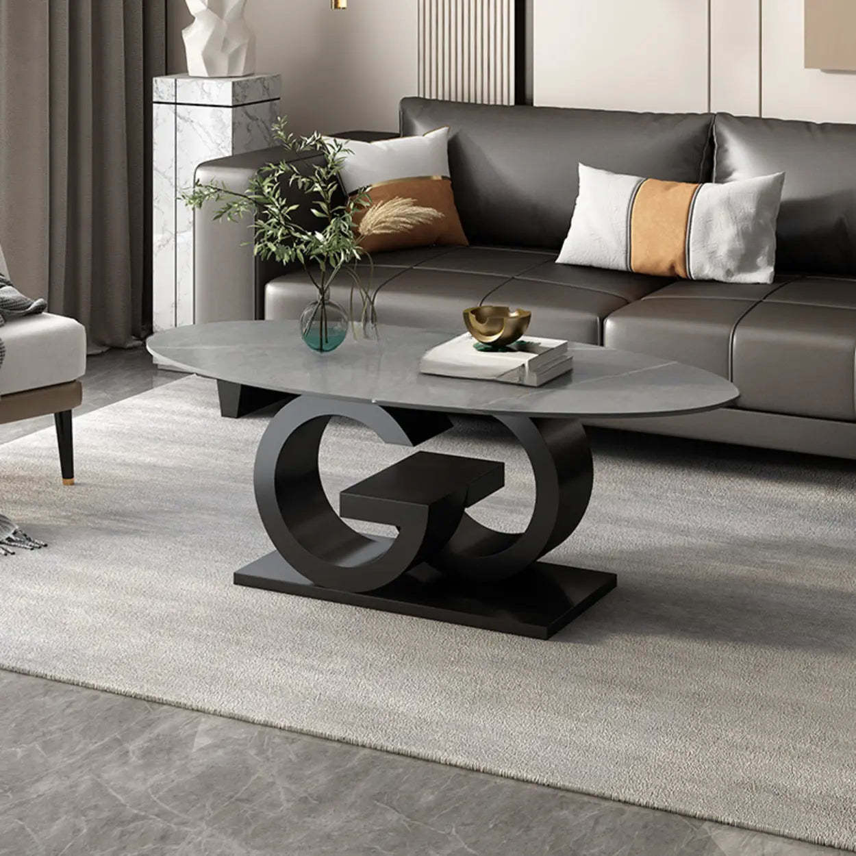 White Stone Oval Abstract Steel Coffee Table — Grey