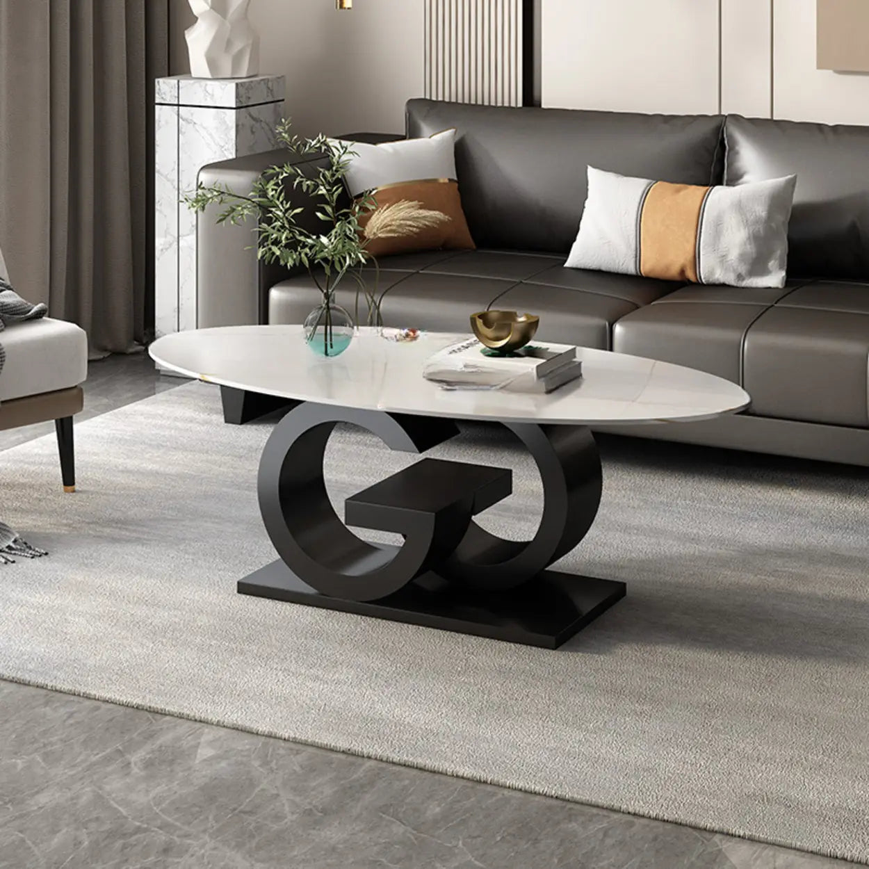 White Stone Oval Abstract Steel Coffee Table — White