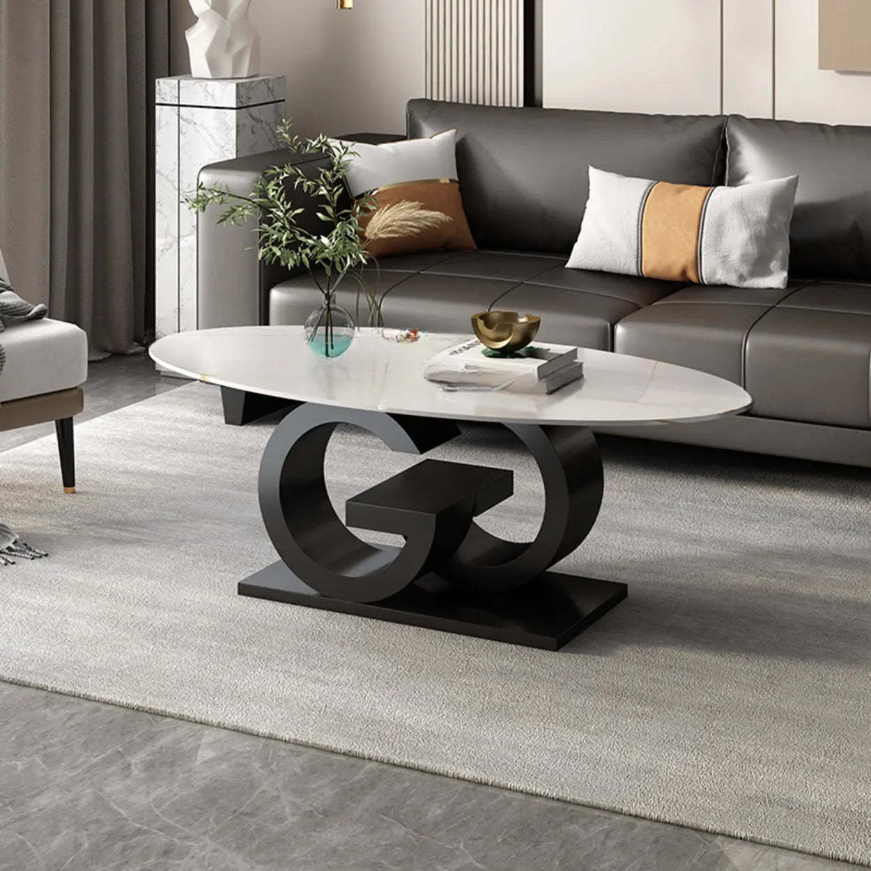 White Stone Oval Abstract Steel Coffee Table — White