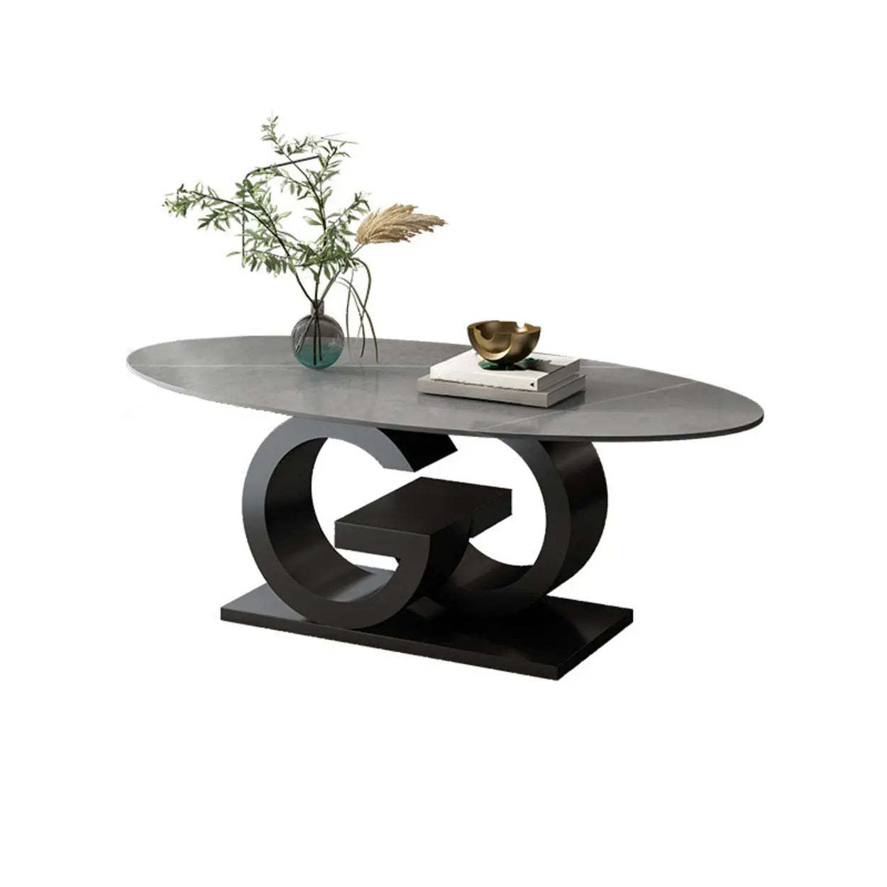 White Stone Oval Abstract Steel Coffee Table — White-Gold