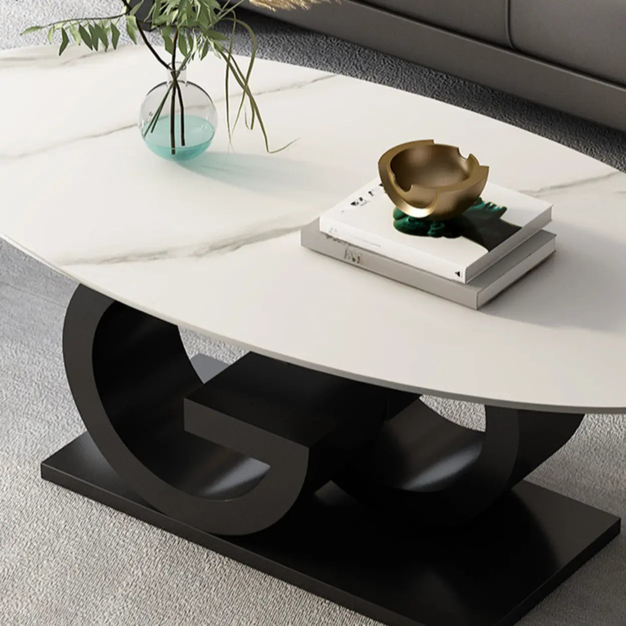 White Stone Oval Abstract Steel Coffee Table — Black-Gold