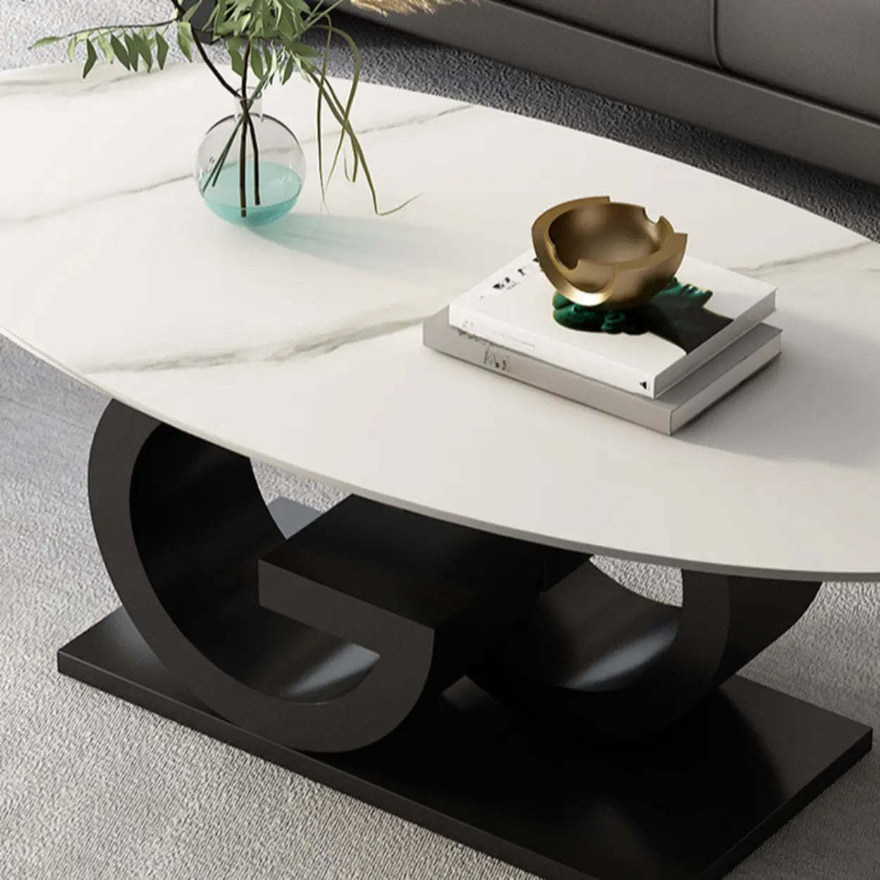 White Stone Oval Abstract Steel Coffee Table — Black-Gold
