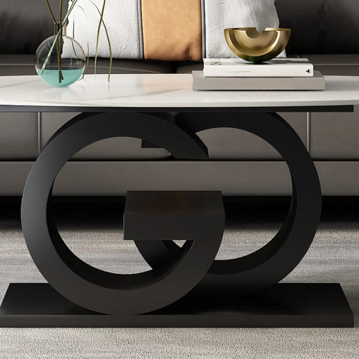 White Stone Oval Abstract Steel Coffee Table — Grey
