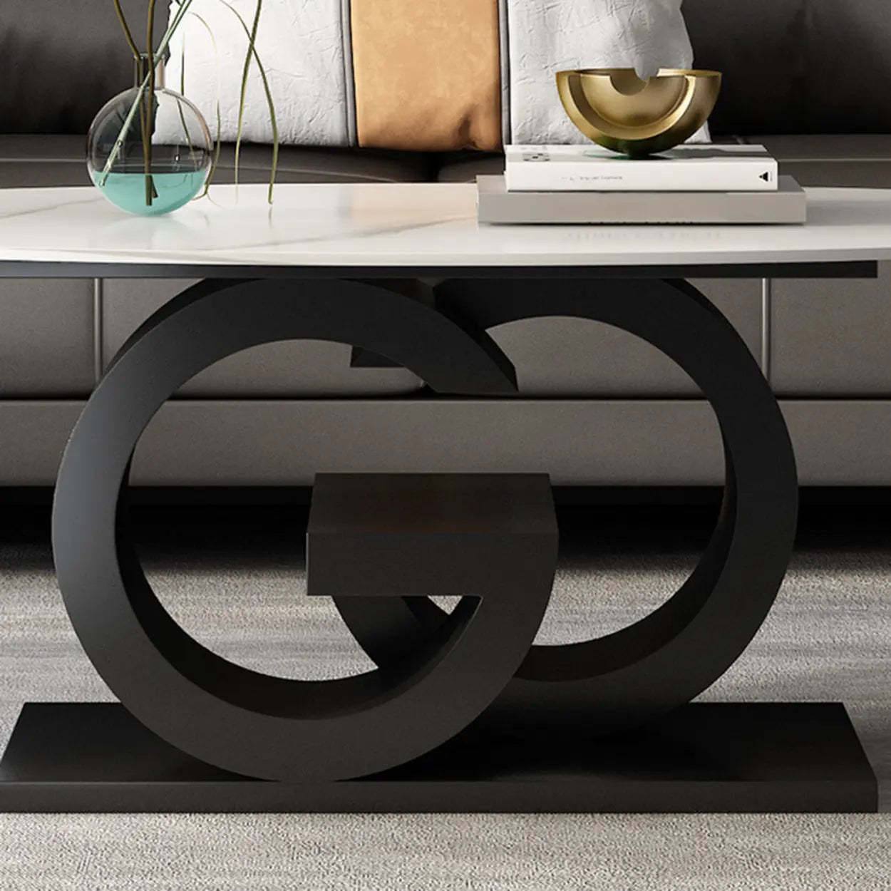 White Stone Oval Abstract Steel Coffee Table — Grey