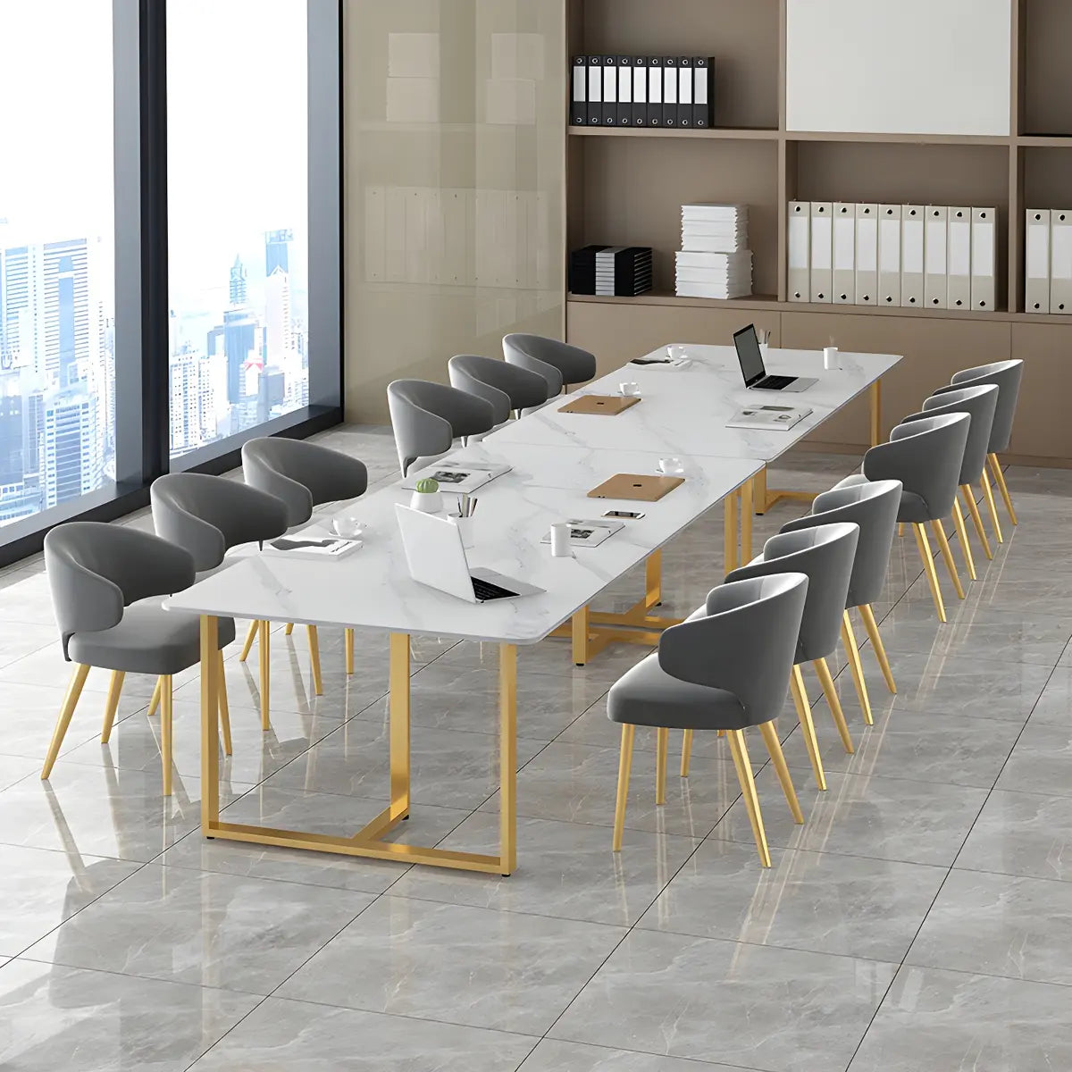 White Stone Rectangular Gold-Sled Conference Table — Without Chairs