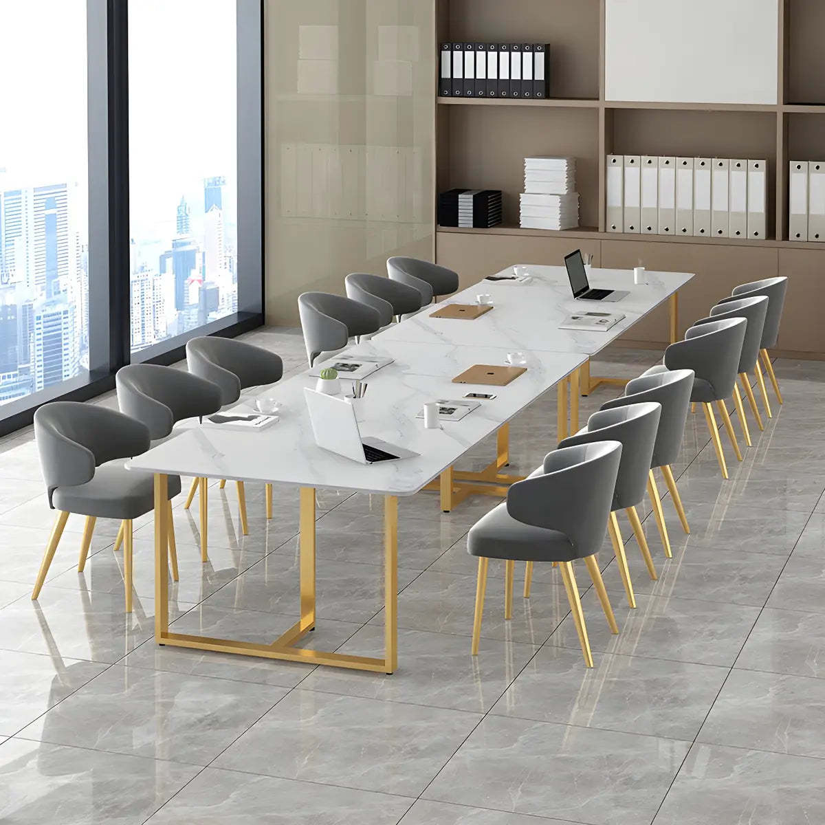 White Stone Rectangular Gold-Sled Conference Table — Without Chairs