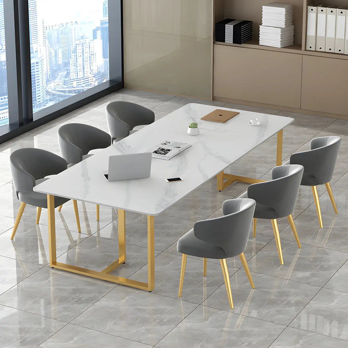 White Stone Rectangular Gold-Sled Conference Table — Without Chairs