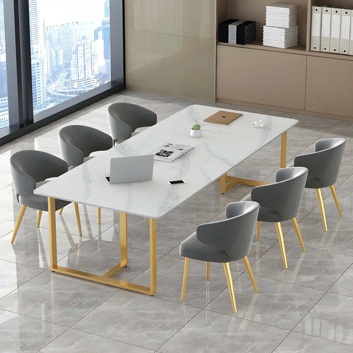 White Stone Rectangular Gold-Sled Conference Table — Without Chairs