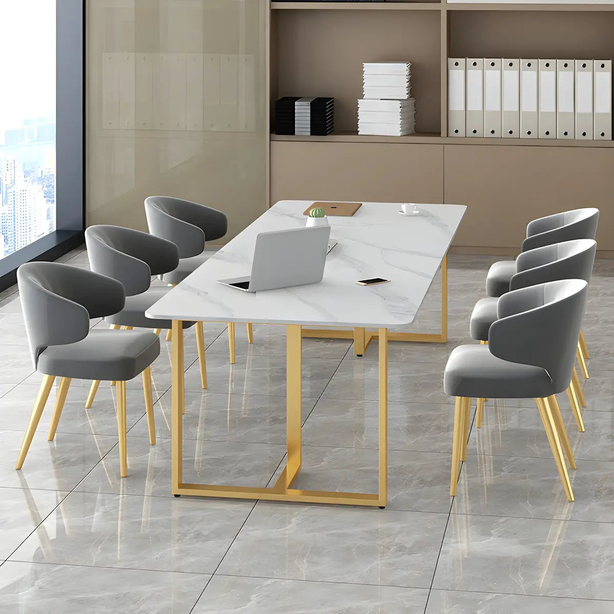White Stone Rectangular Gold-Sled Conference Table — Without Chairs