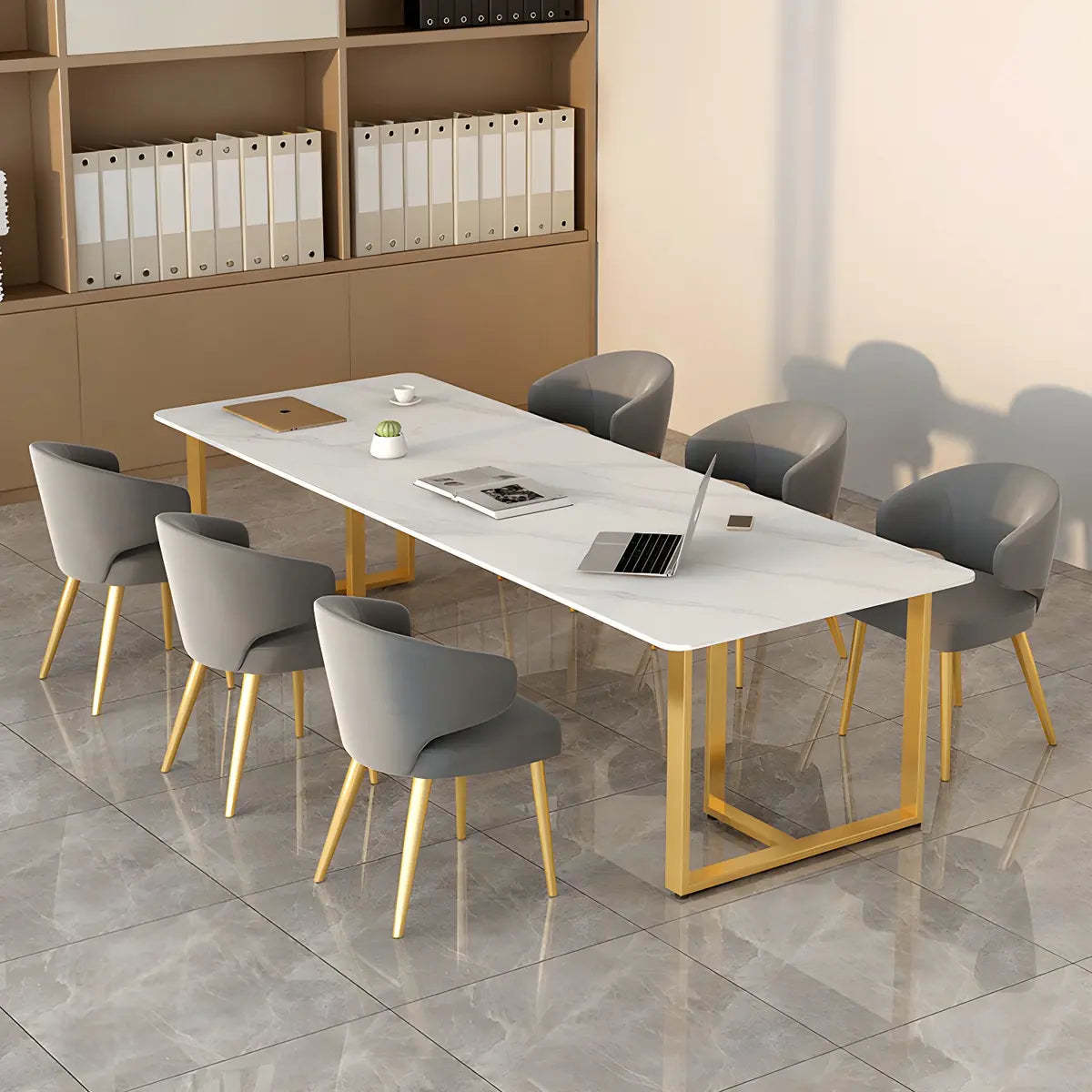 White Stone Rectangular Gold-Sled Conference Table — Without Chairs