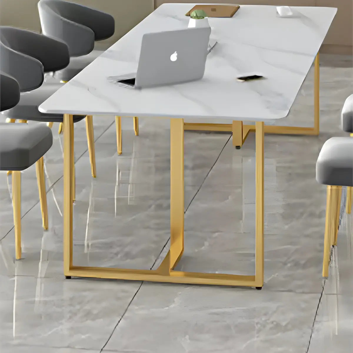 White Stone Rectangular Gold-Sled Conference Table — Without Chairs