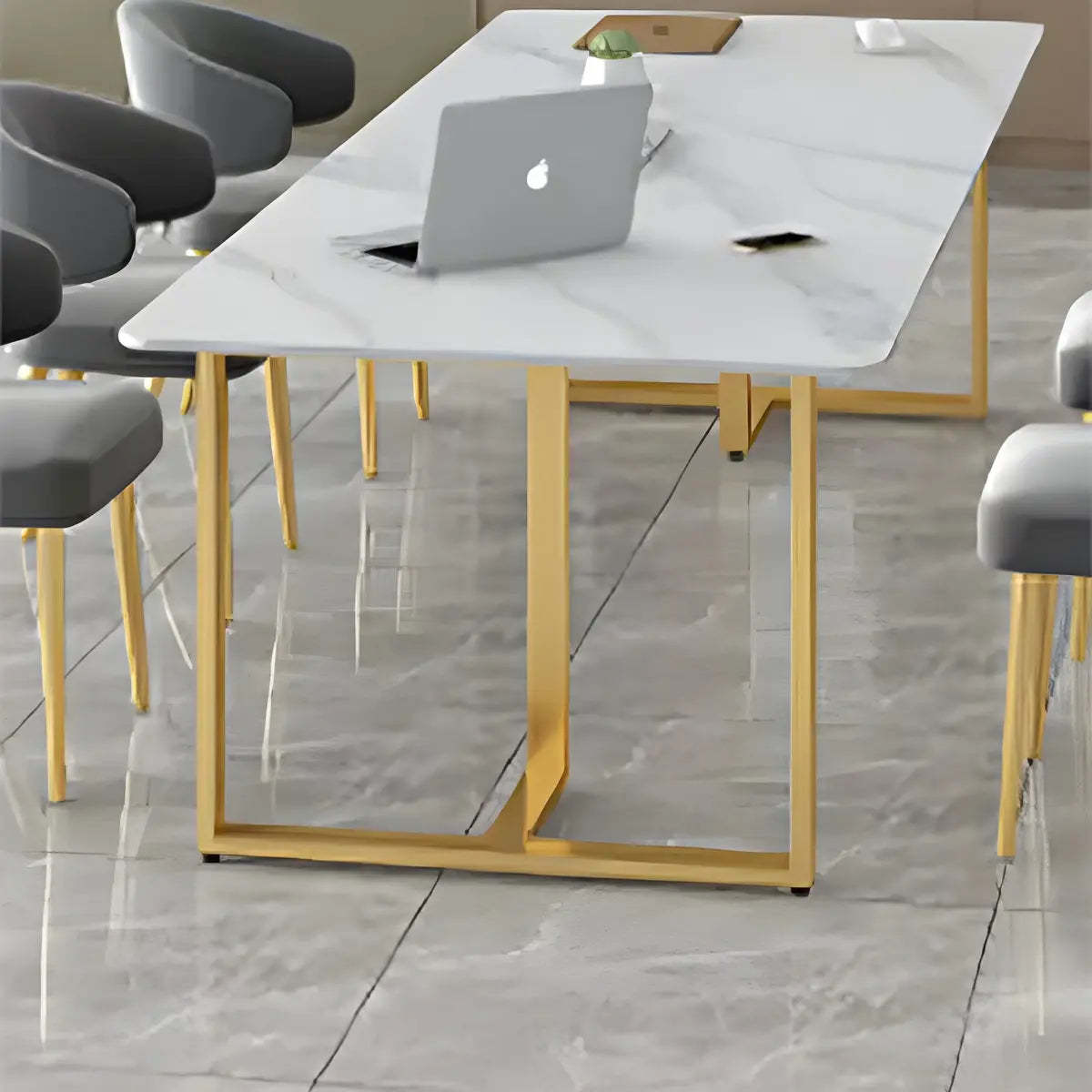 White Stone Rectangular Gold-Sled Conference Table — Without Chairs
