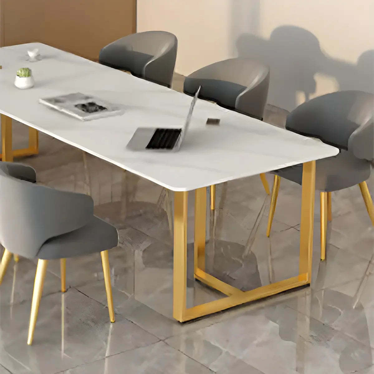 White Stone Rectangular Gold-Sled Conference Table — Without Chairs