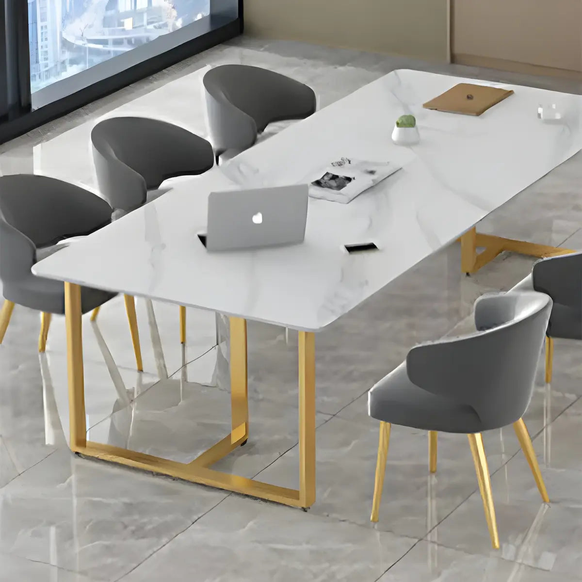 White Stone Rectangular Gold-Sled Conference Table