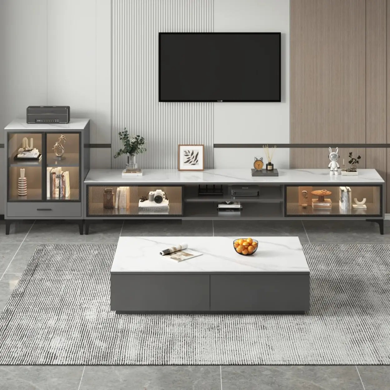 White Stone Rectangular TV Stand with Open Storage