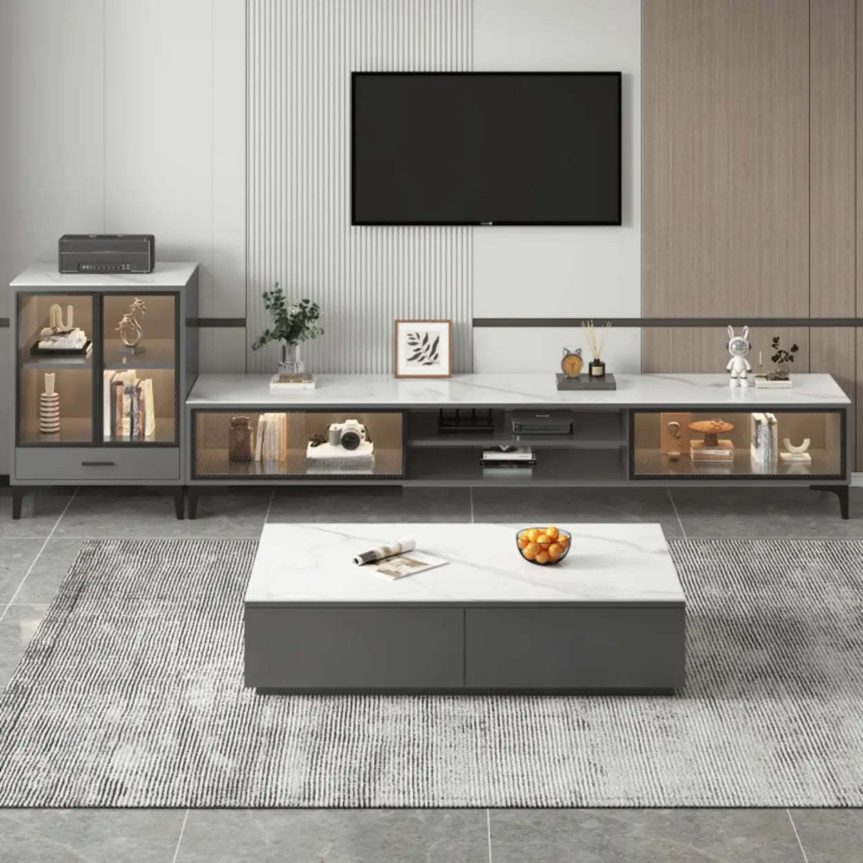 White Stone Rectangular TV Stand with Open Storage — Gray