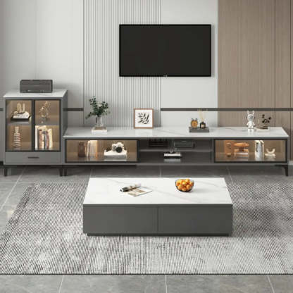 White Stone Rectangular TV Stand with Open Storage — Gray