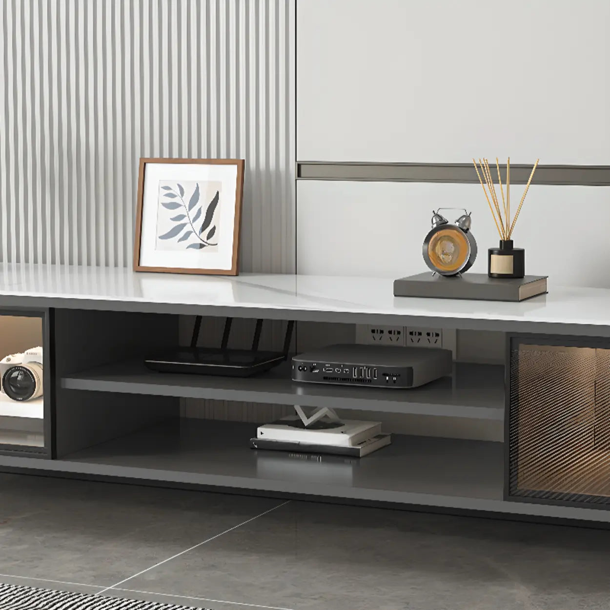 White Stone Rectangular TV Stand with Open Storage