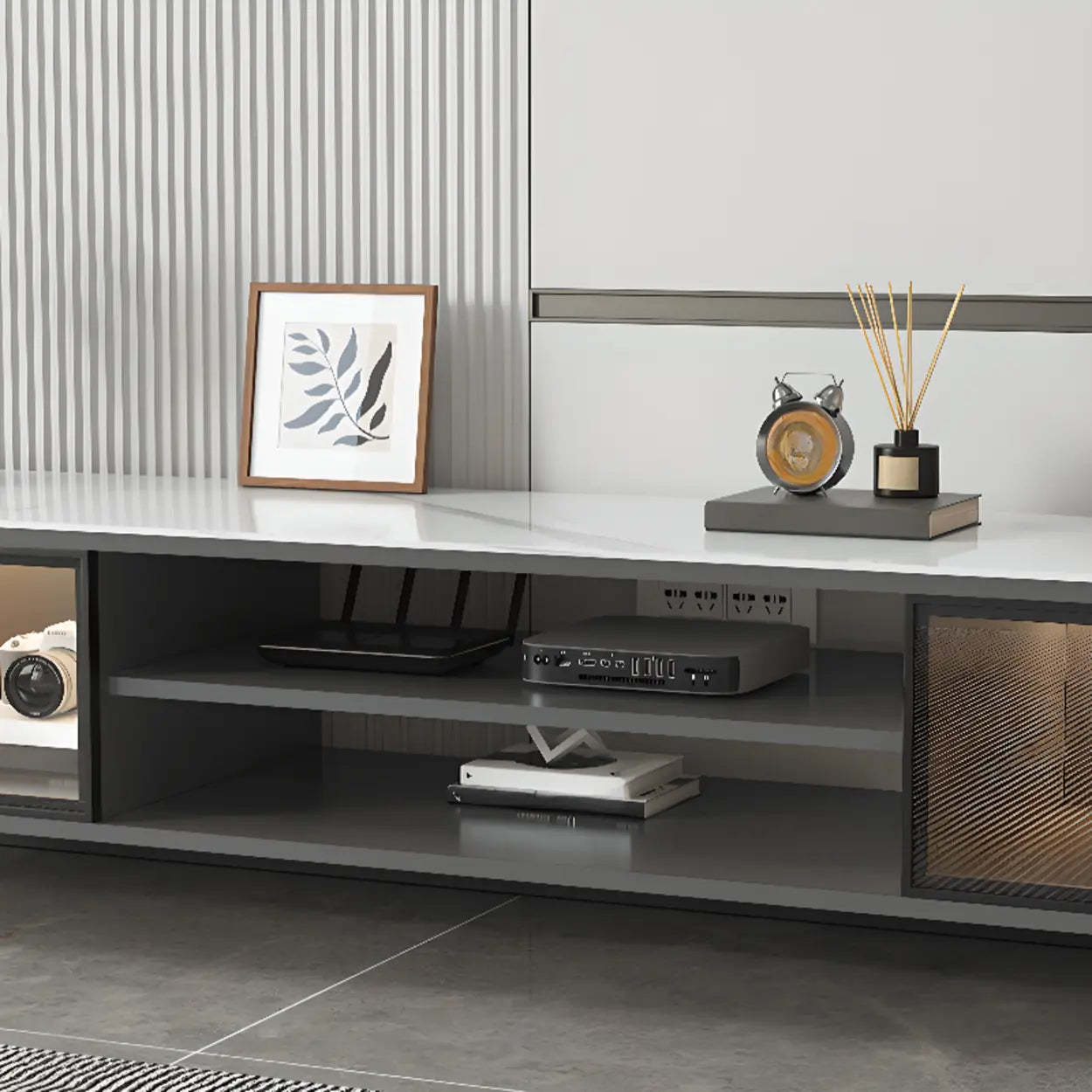 White Stone Rectangular TV Stand with Open Storage