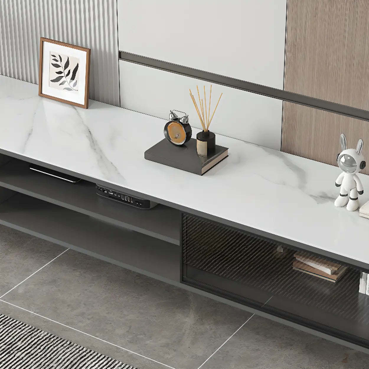 White Stone Rectangular TV Stand with Open Storage