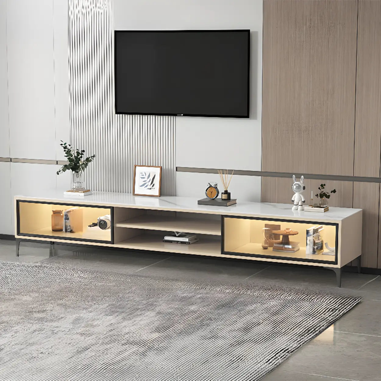 White Stone Rectangular TV Stand with Open Storage — White
