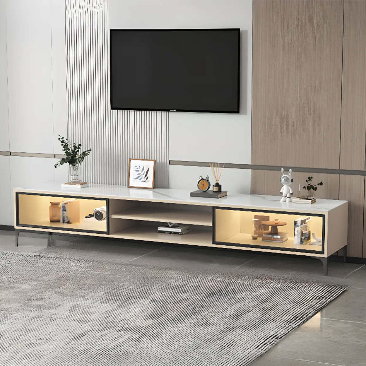 White Stone Rectangular TV Stand with Open Storage — White