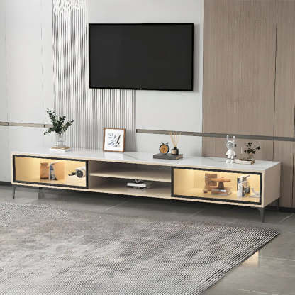 White Stone Rectangular TV Stand with Open Storage — White