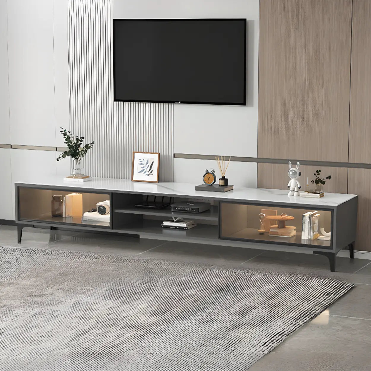 White Stone Rectangular TV Stand with Open Storage — Gray