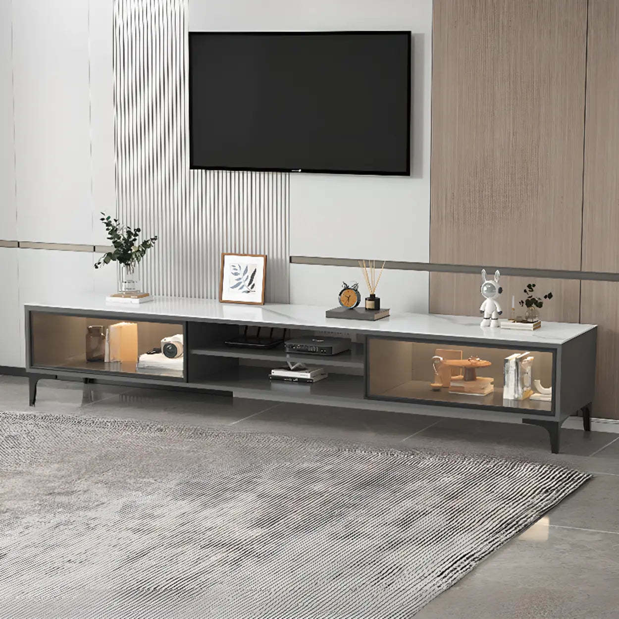 White Stone Rectangular TV Stand with Open Storage — Gray