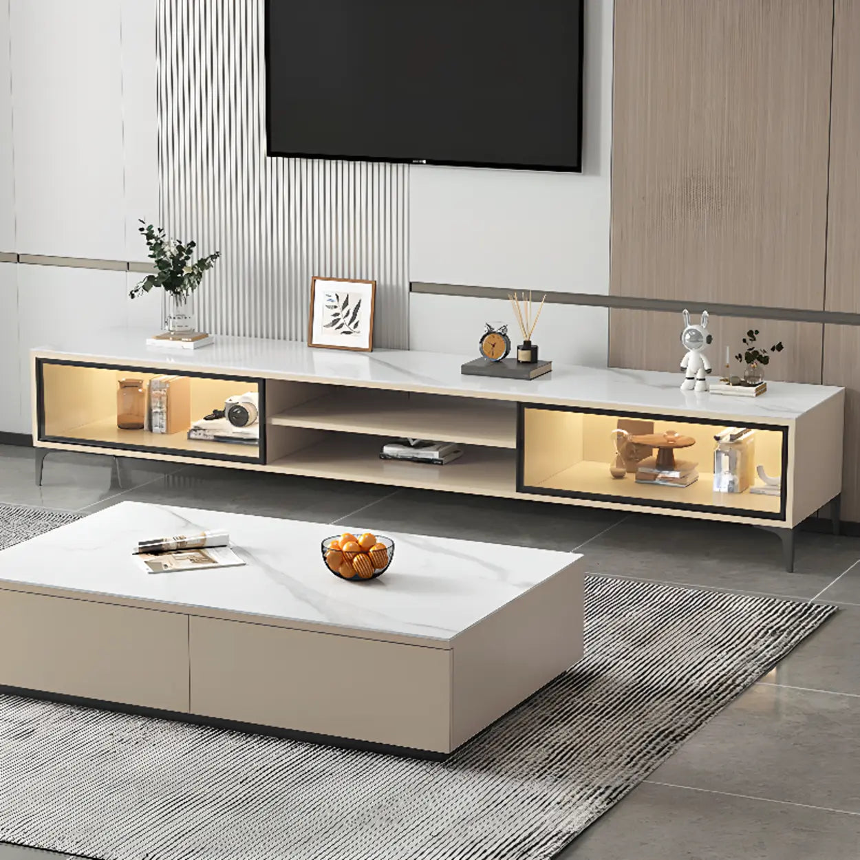White Stone Rectangular TV Stand with Open Storage — White