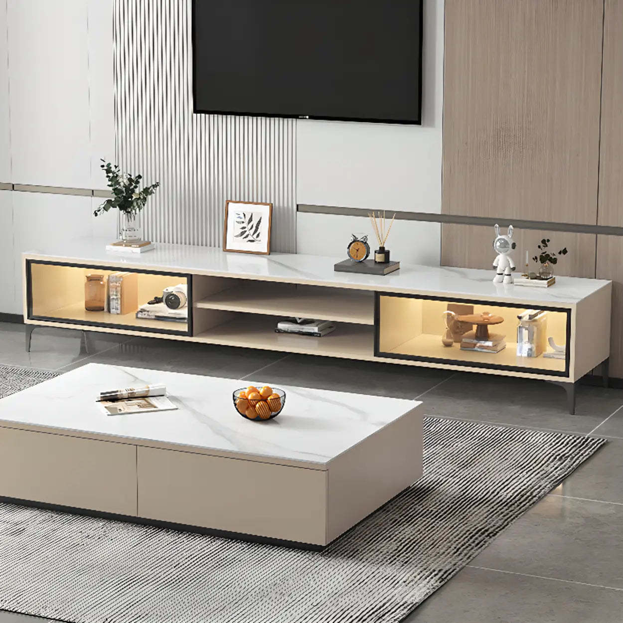 White Stone Rectangular TV Stand with Open Storage — White