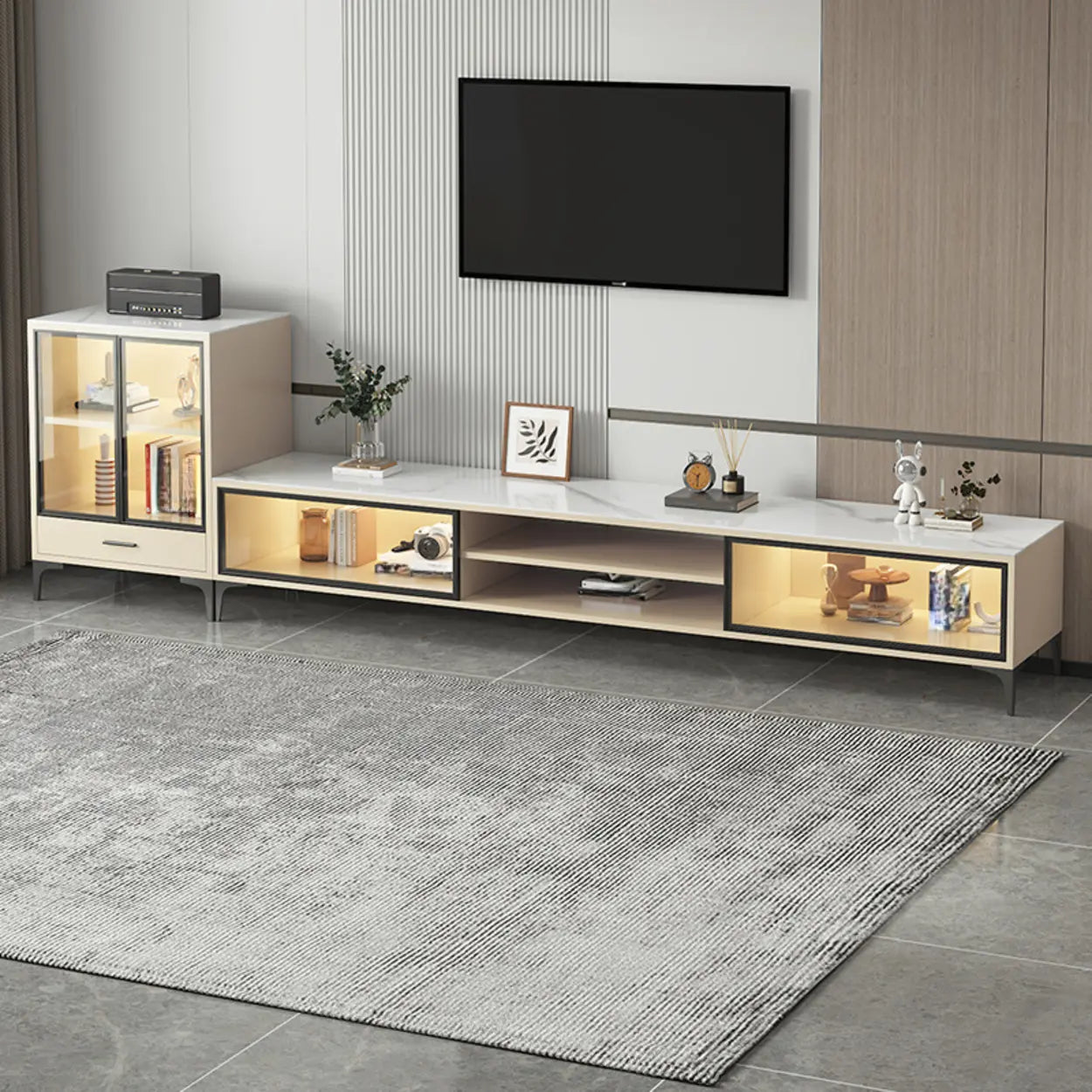 White Stone Rectangular TV Stand with Open Storage — Gray