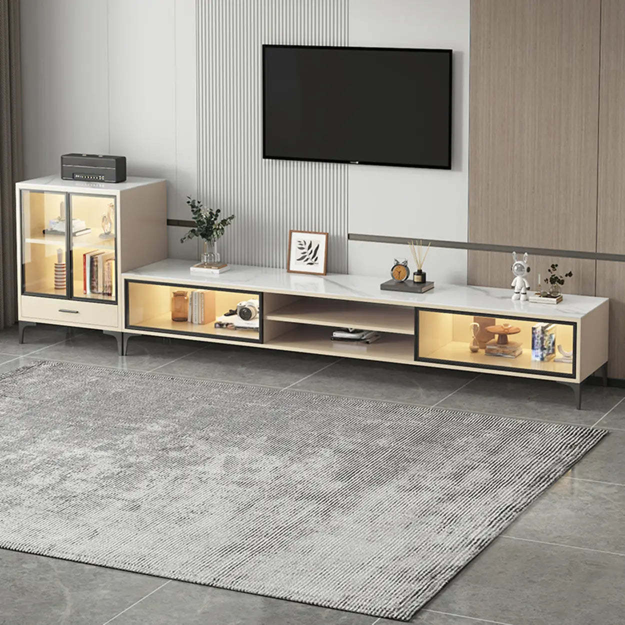 White Stone Rectangular TV Stand with Open Storage — Gray