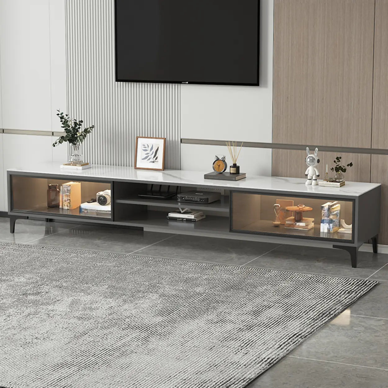 White Stone Rectangular TV Stand with Open Storage — White