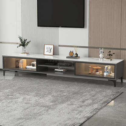 White Stone Rectangular TV Stand with Open Storage — White