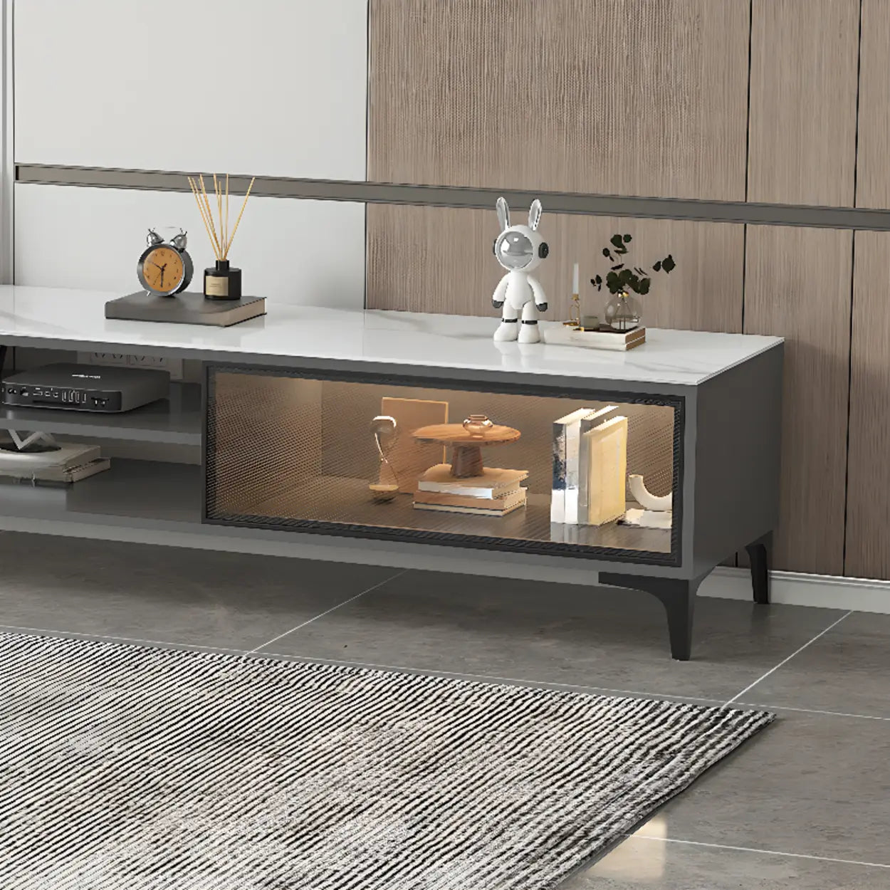 White Stone Rectangular TV Stand with Open Storage