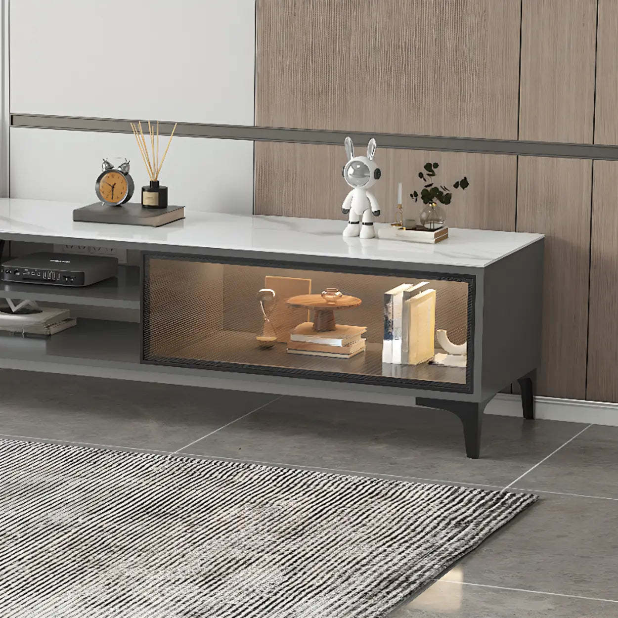 White Stone Rectangular TV Stand with Open Storage