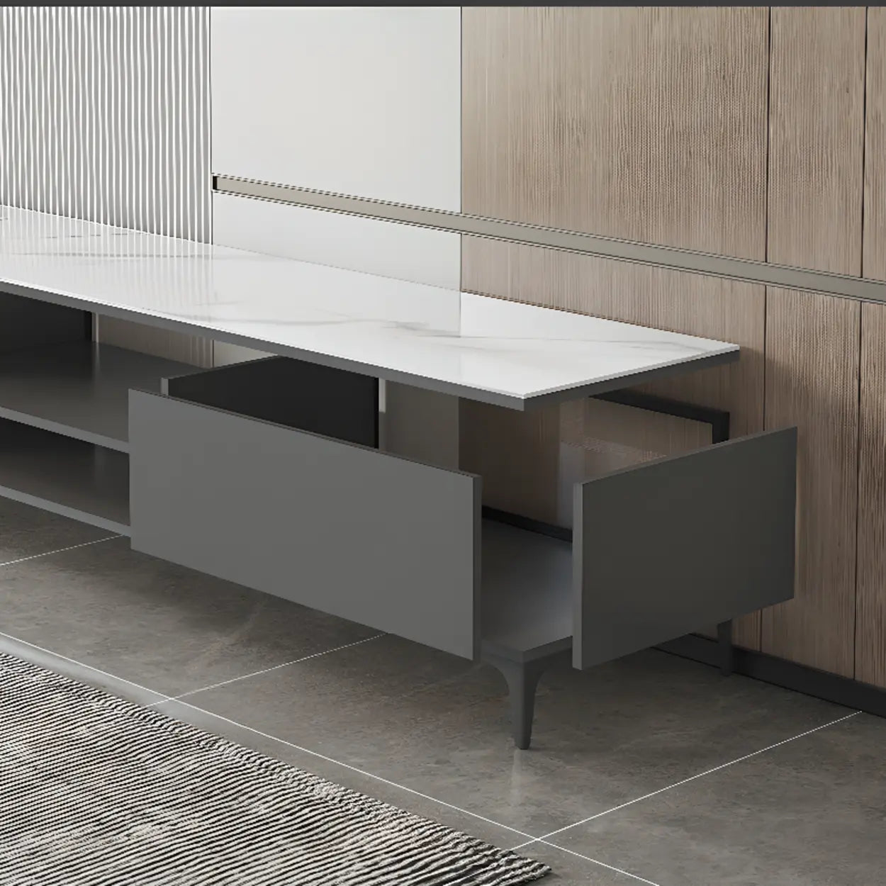 White Stone Rectangular TV Stand with Open Storage