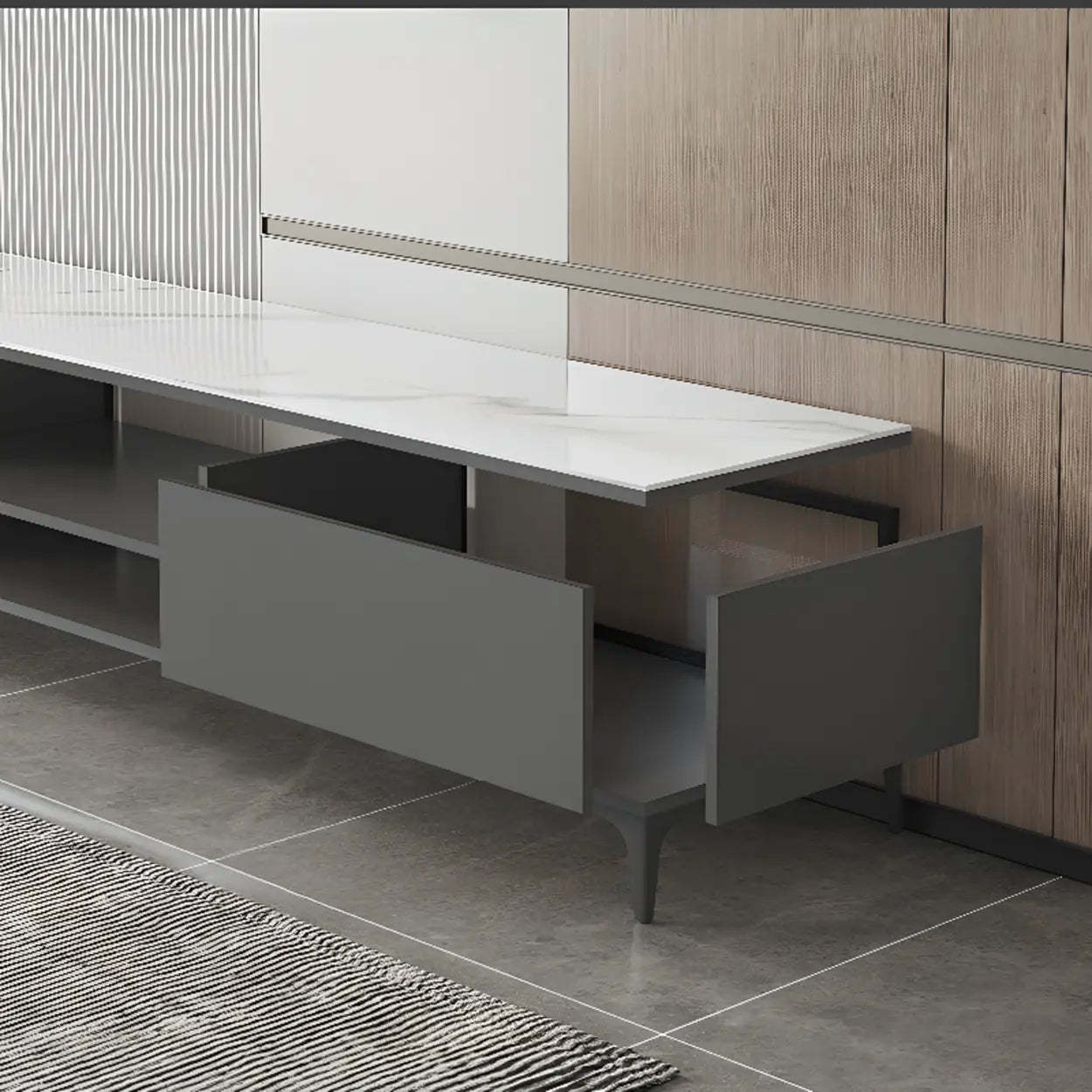 White Stone Rectangular TV Stand with Open Storage