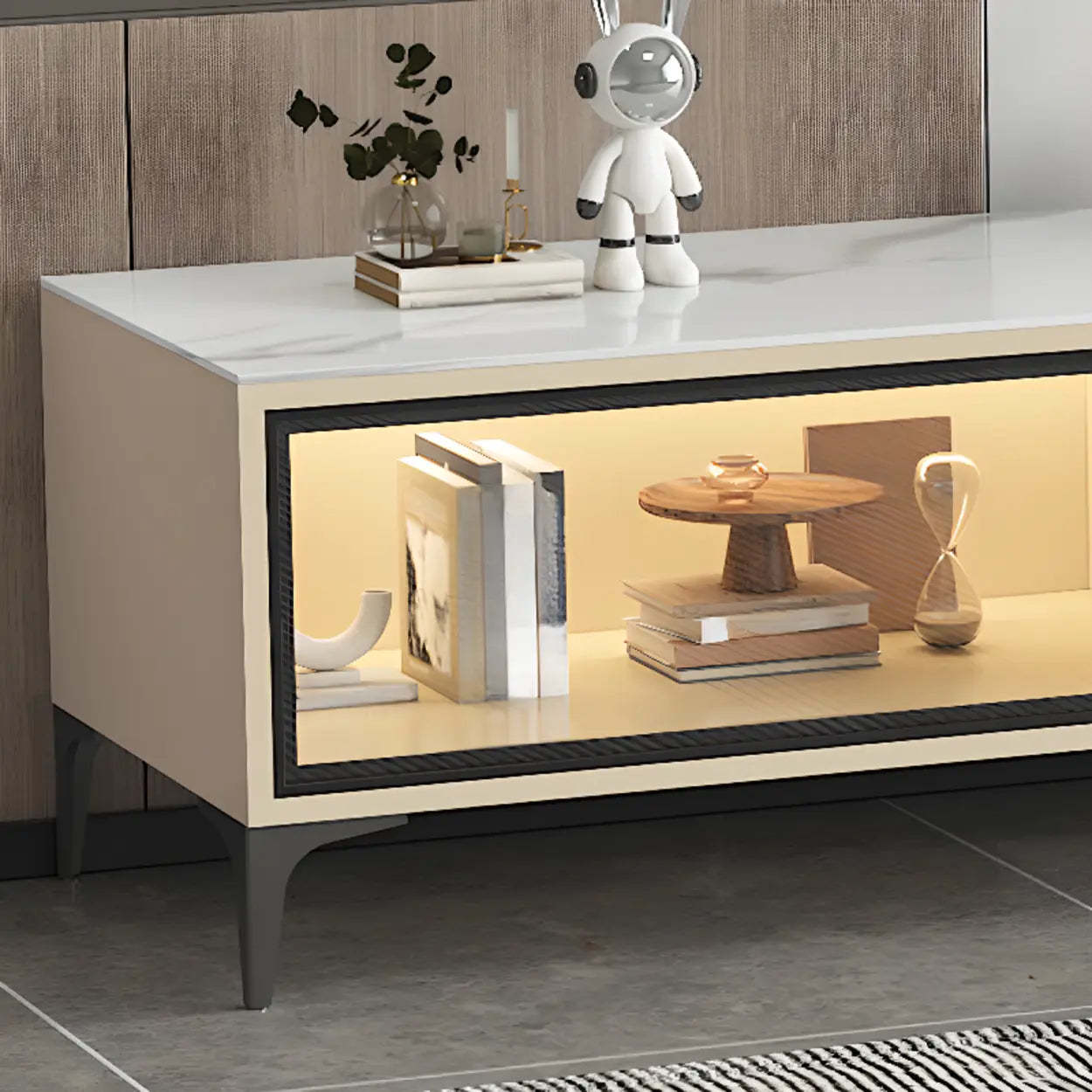White Stone Rectangular TV Stand with Open Storage
