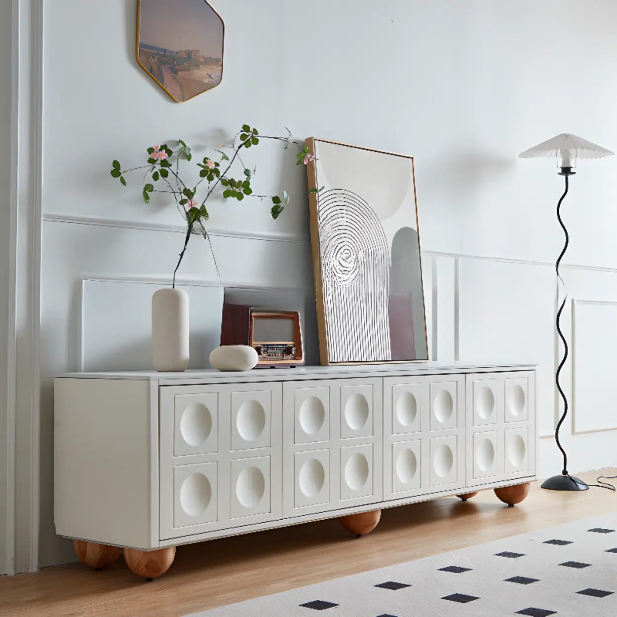 White Stone Shelf Cabinet Long TV Stand