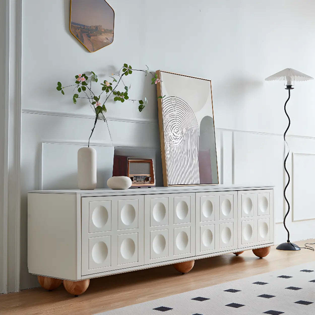 White Stone Shelf Cabinet Long TV Stand