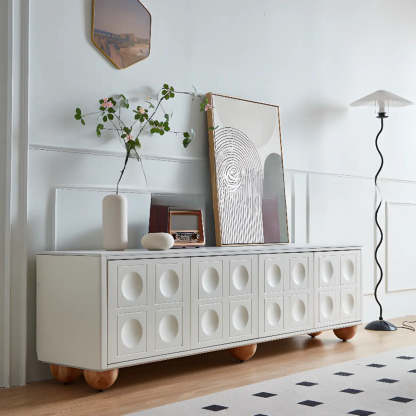 White Stone Shelf Cabinet Long TV Stand