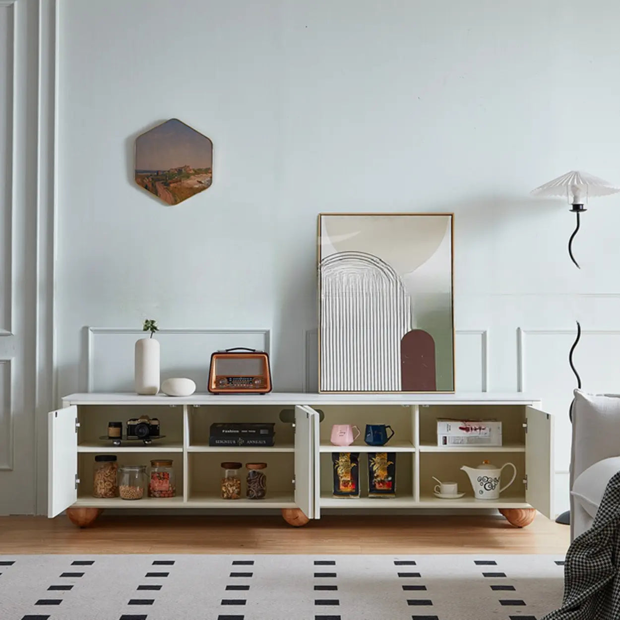 White Stone Shelf Cabinet Long TV Stand