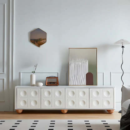 White Stone Shelf Cabinet Long TV Stand