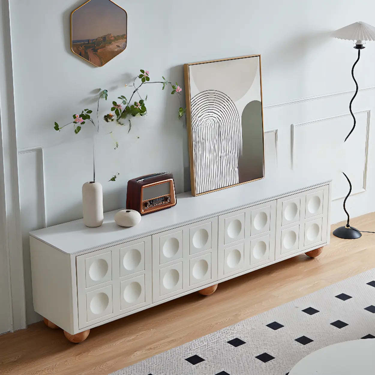 White Stone Shelf Cabinet Long TV Stand