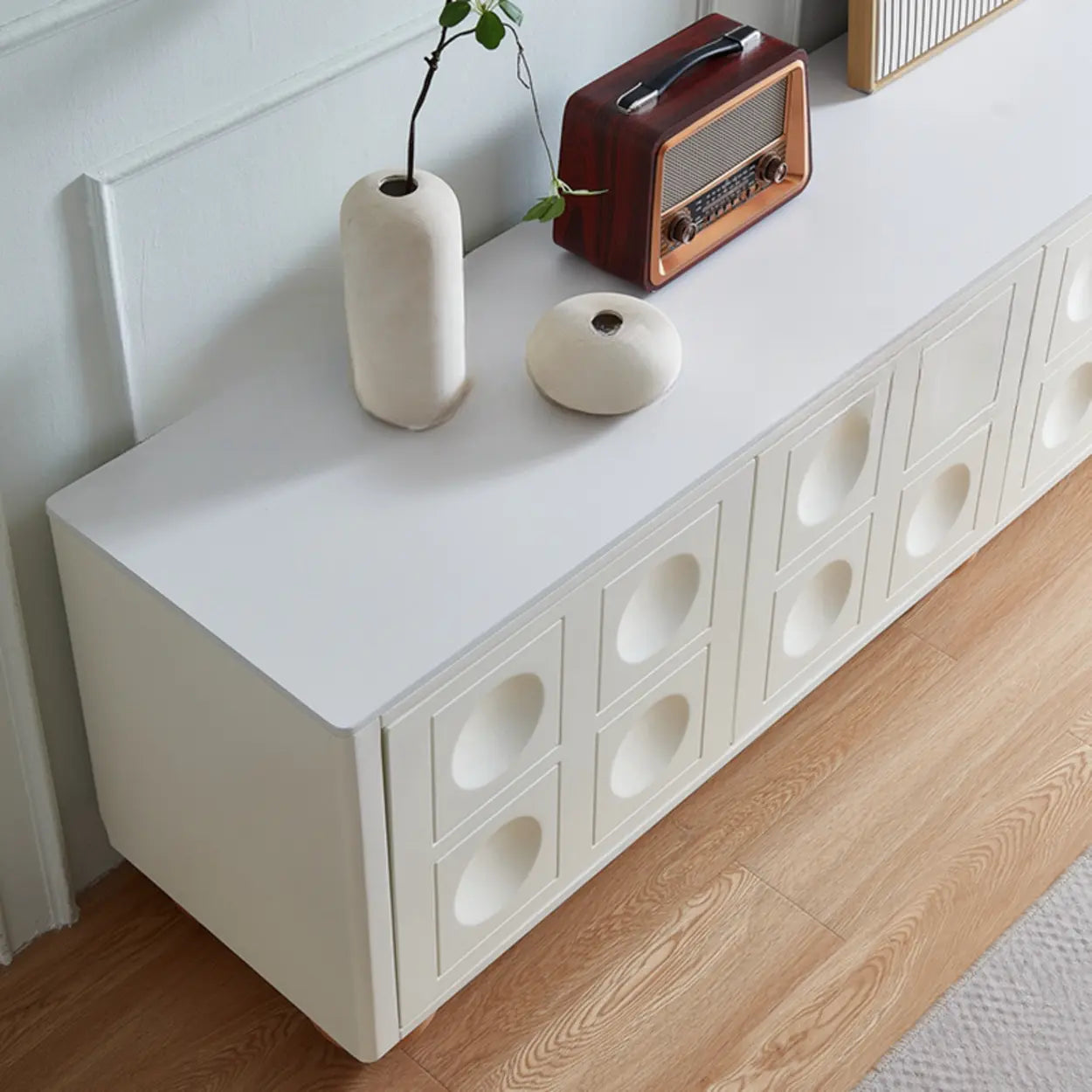 White Stone Shelf Cabinet Long TV Stand