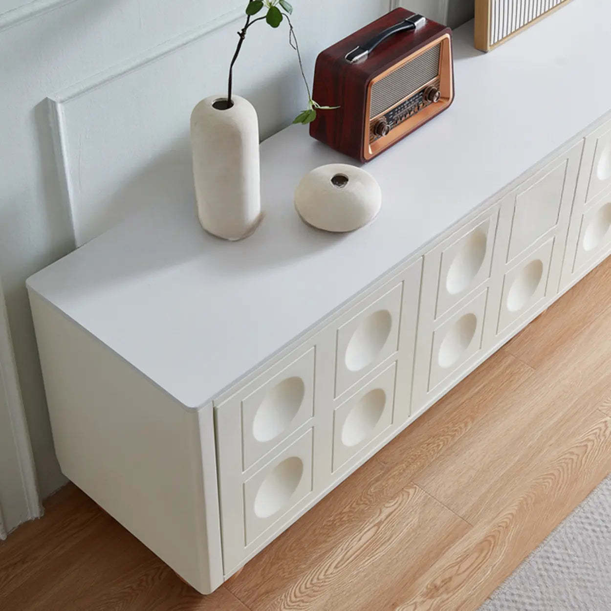 White Stone Shelf Cabinet Long TV Stand