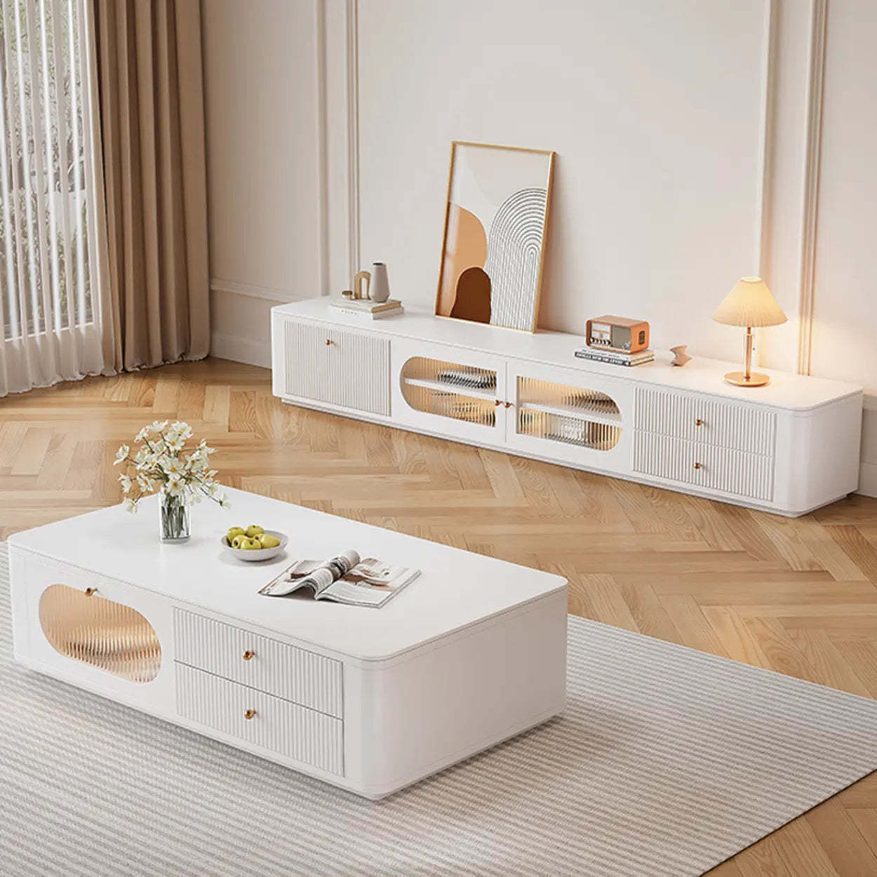 White Stone Rectangular Storage TV Stand with Lighting