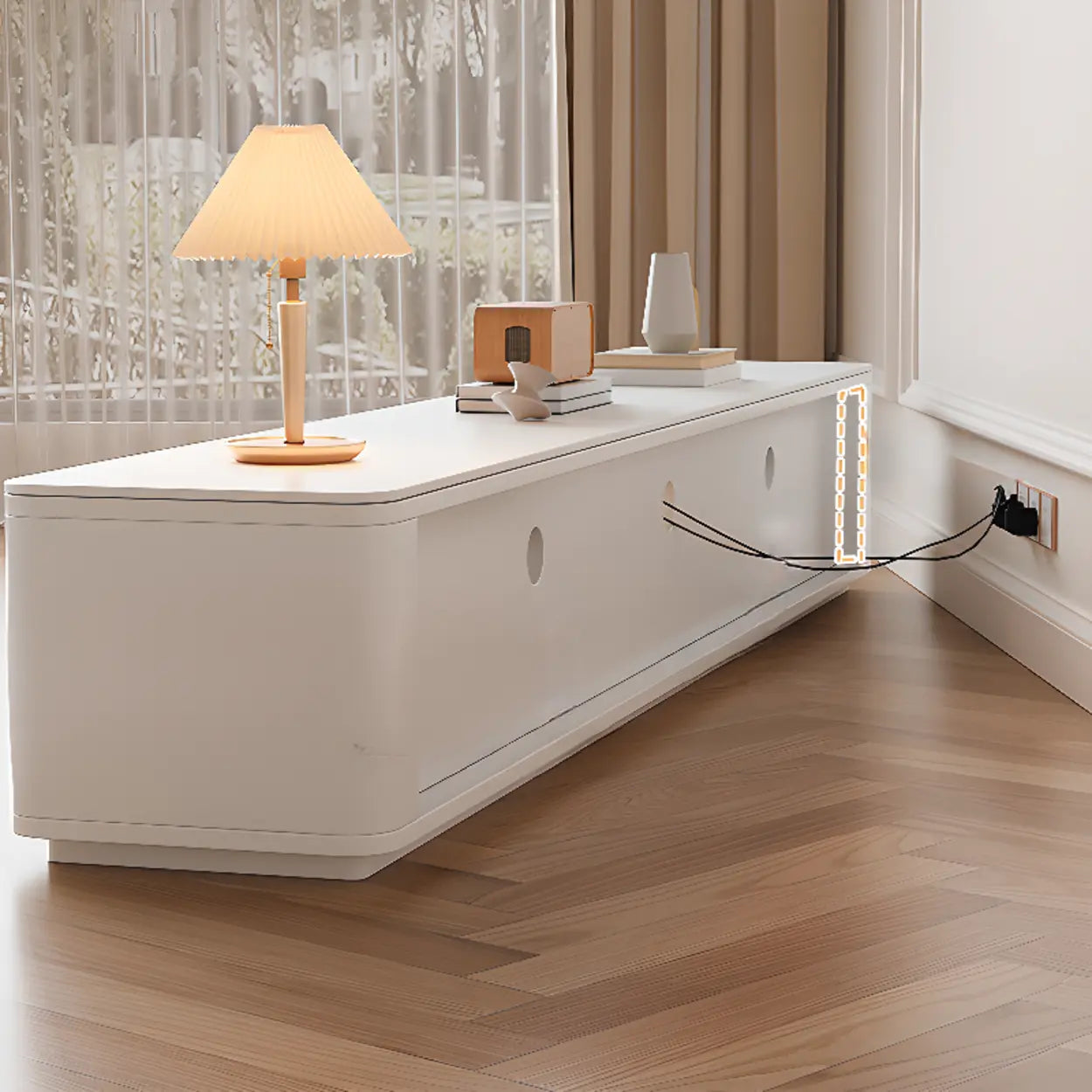 White Stone Rectangular Storage TV Stand with Lighting